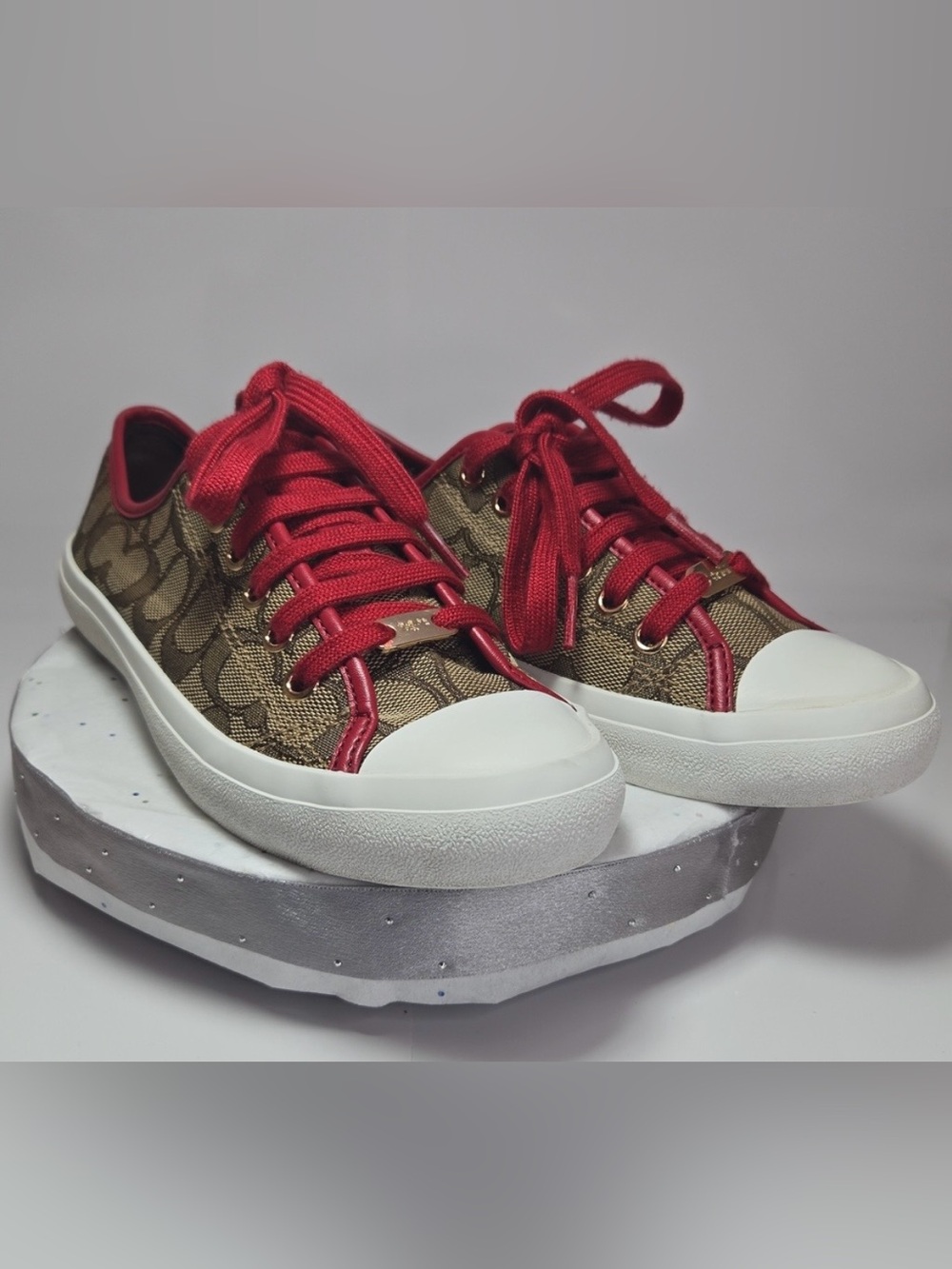 Coach Low-Top Sneaker in Brown Signature Canvas with Red Accents